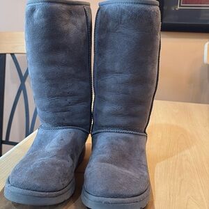 Ugg Classic Women's Boot 7 Gray Leather Cozy Shearling Mid Shaft Winter Comfy